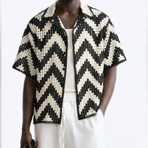 New Zara CROCHET KNIT BUTTON DOWN SHIRT S M L XL SS24 7200/449 Men's Black White